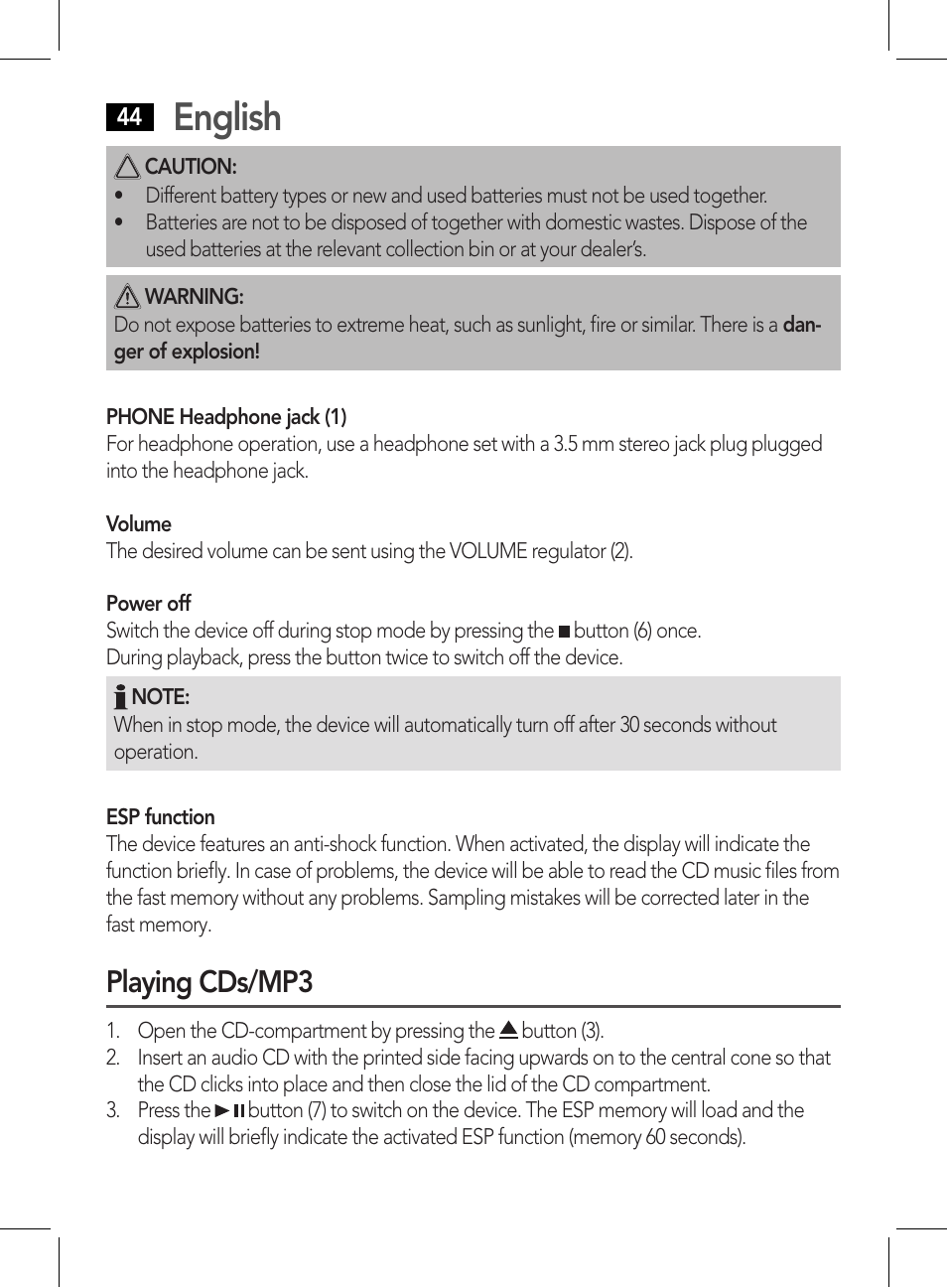 English, Playing cds/mp3 | AEG CDP 4226 schwarz User Manual | Page 44 / 78