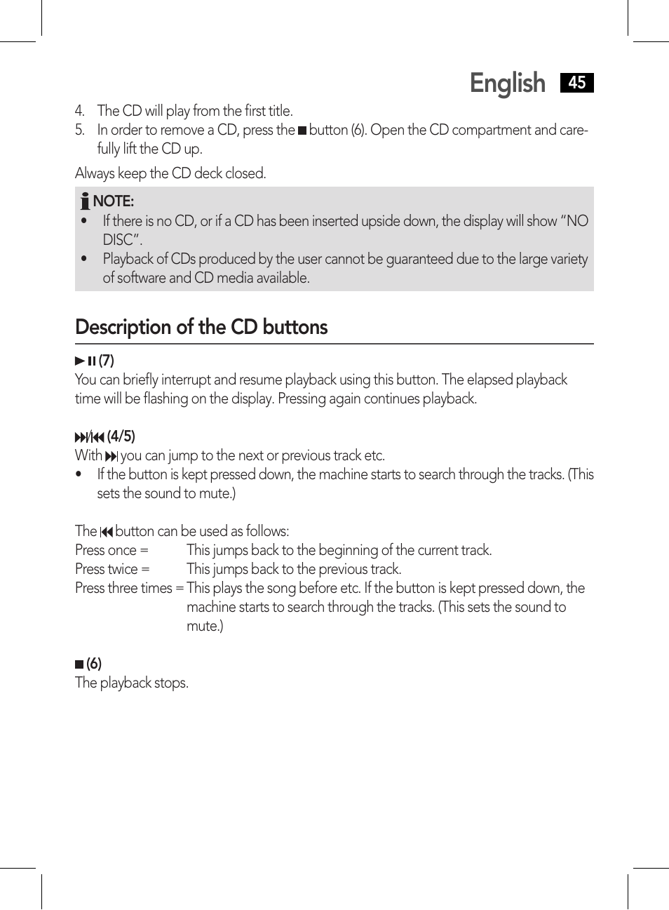 English, Description of the cd buttons | AEG CDP 4226 schwarz User Manual | Page 45 / 78