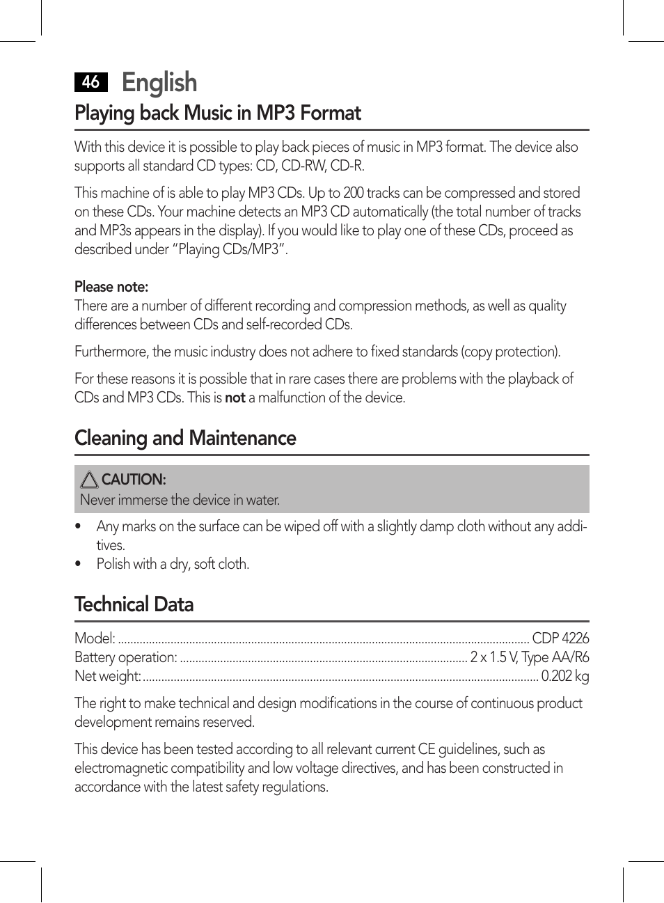 English, Playing back music in mp3 format, Cleaning and maintenance | Technical data | AEG CDP 4226 schwarz User Manual | Page 46 / 78
