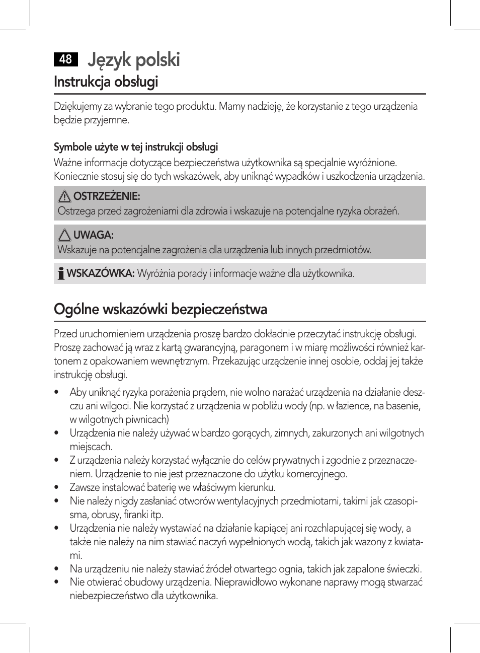 Język polski, Instrukcja obsługi, Ogólne wskazówki bezpieczeństwa | AEG CDP 4226 schwarz User Manual | Page 48 / 78