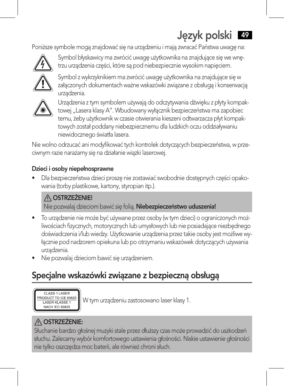 Język polski, Specjalne wskazówki związane z bezpieczną obsługą | AEG CDP 4226 schwarz User Manual | Page 49 / 78