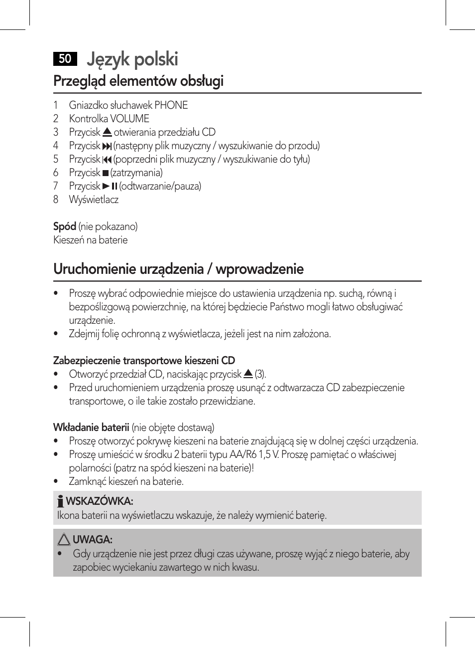 Język polski, Przegląd elementów obsługi, Uruchomienie urządzenia / wprowadzenie | AEG CDP 4226 schwarz User Manual | Page 50 / 78