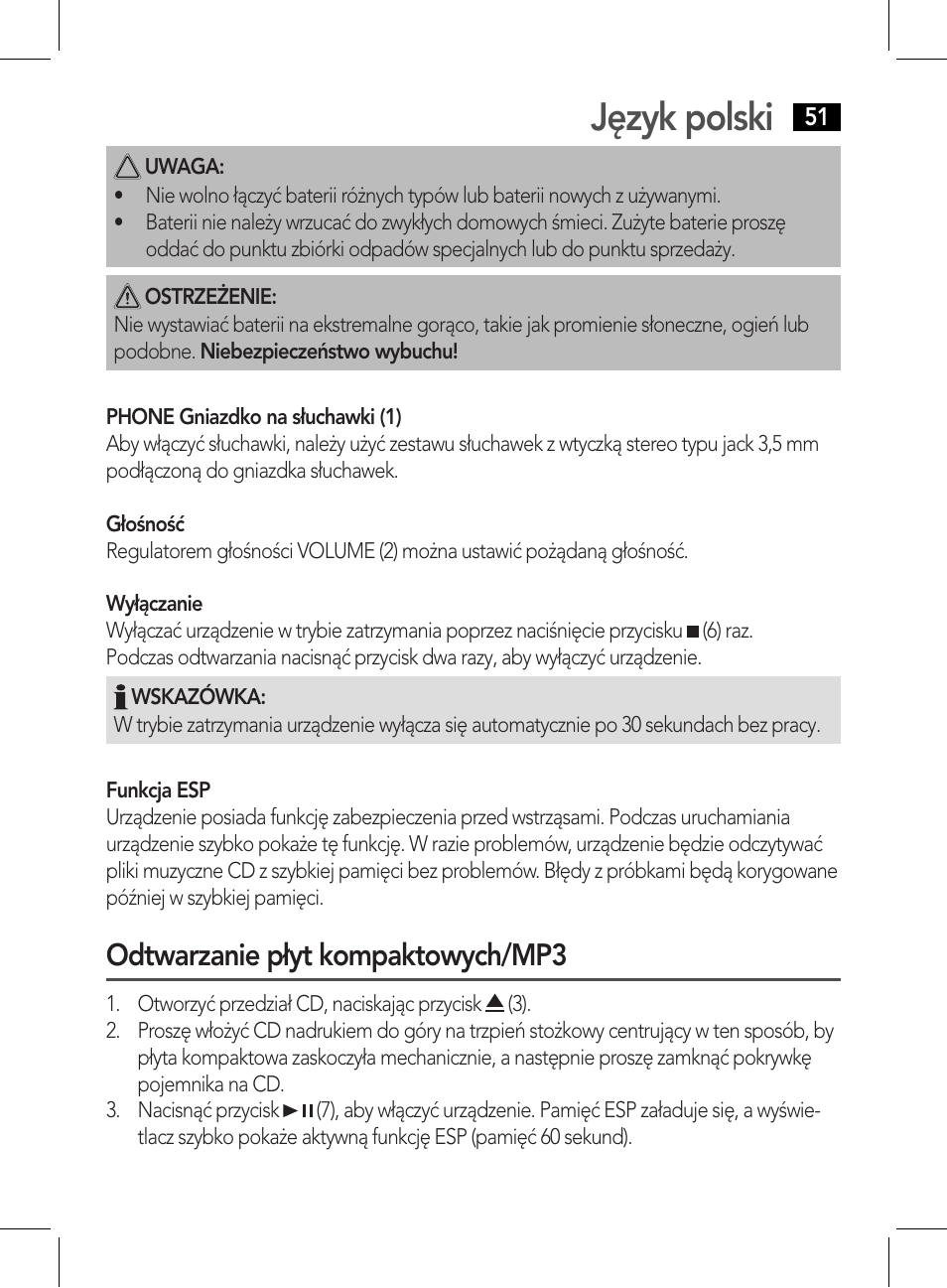 Język polski, Odtwarzanie płyt kompaktowych/mp3 | AEG CDP 4226 schwarz User Manual | Page 51 / 78