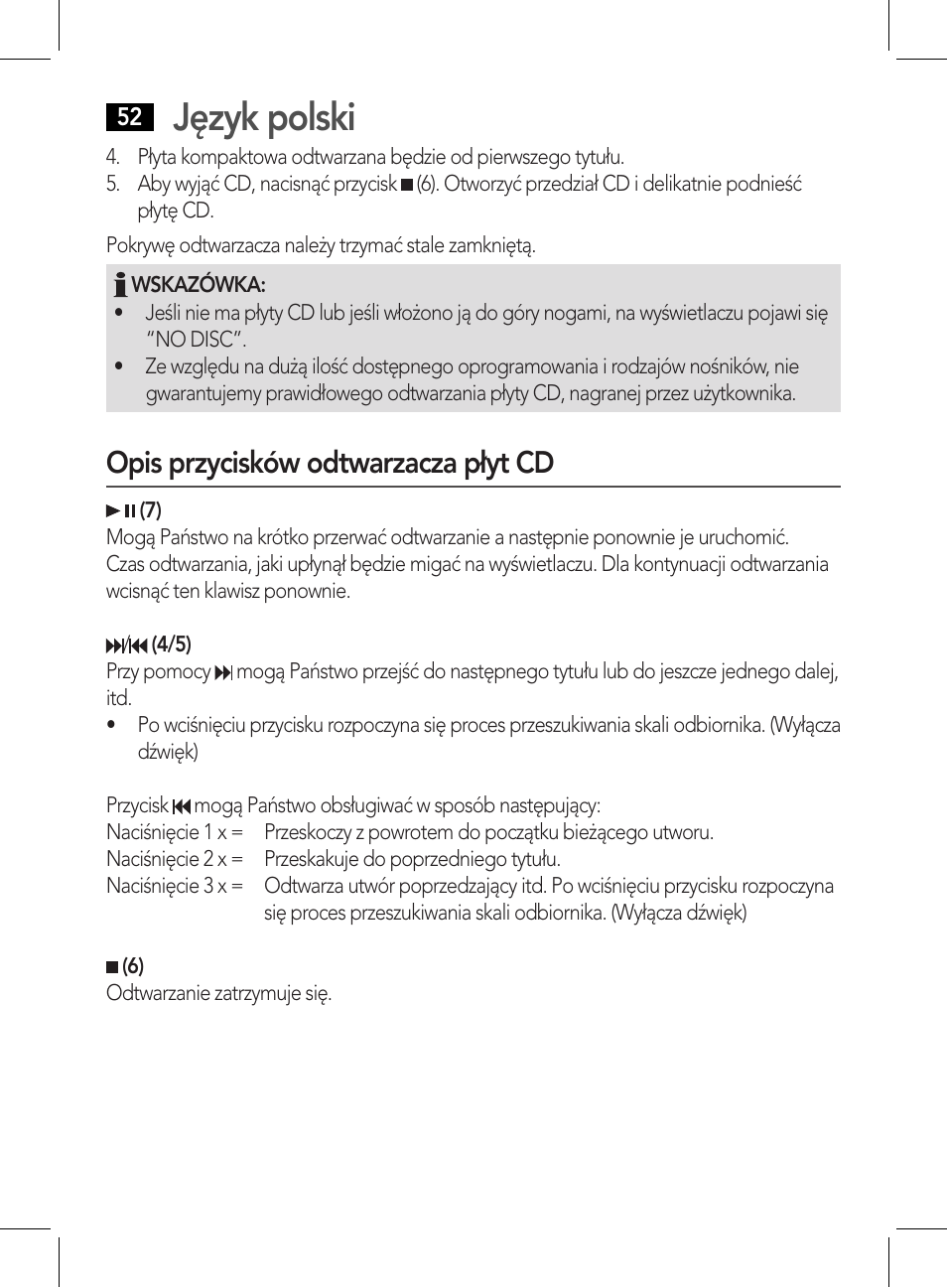 Język polski, Opis przycisków odtwarzacza płyt cd | AEG CDP 4226 schwarz User Manual | Page 52 / 78