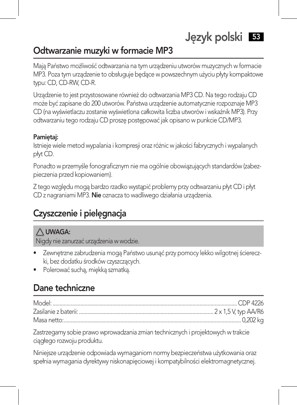 Język polski, Odtwarzanie muzyki w formacie mp3, Czyszczenie i pielęgnacja | Dane techniczne | AEG CDP 4226 schwarz User Manual | Page 53 / 78