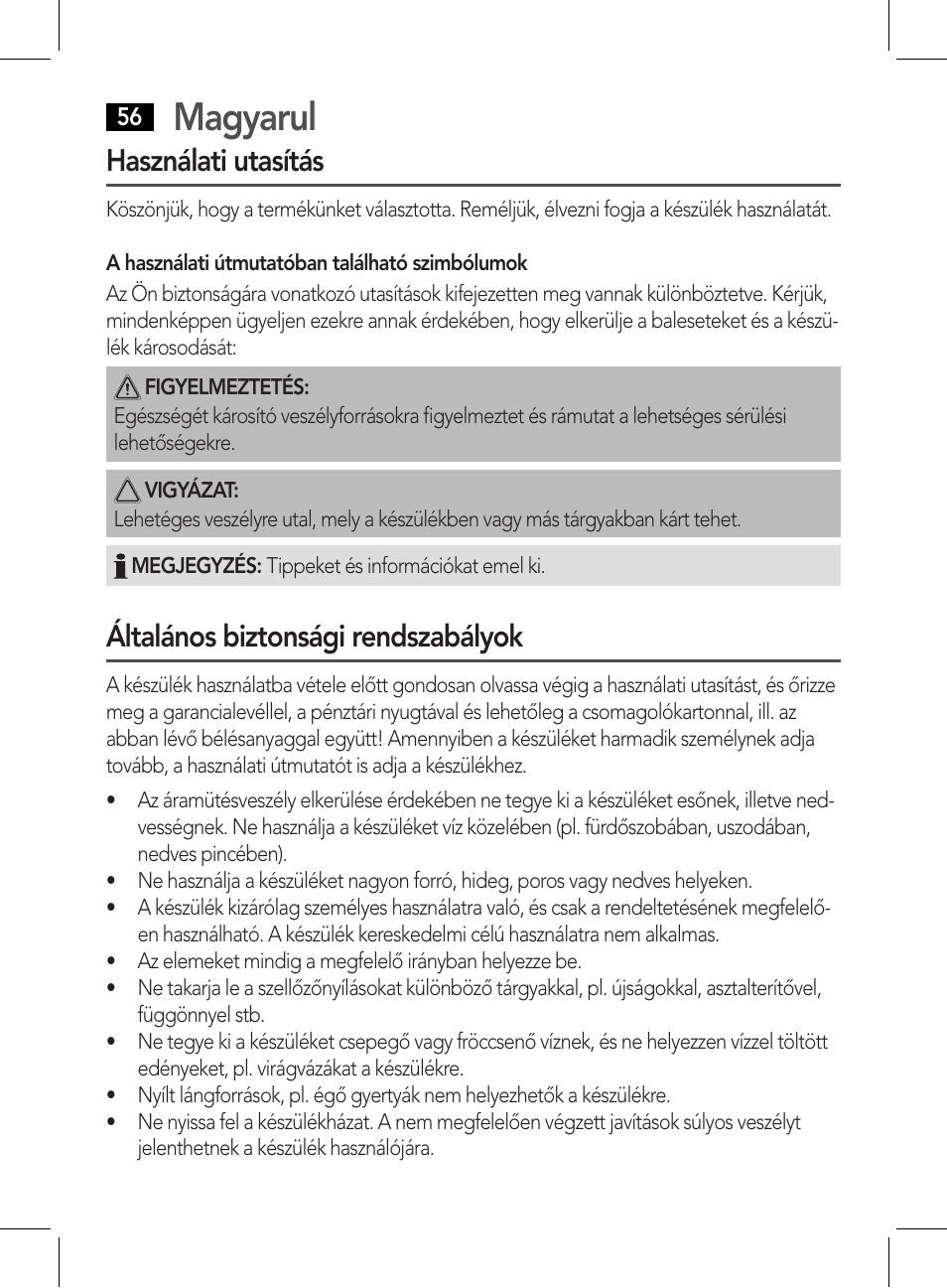 Magyarul, Használati utasítás, Általános biztonsági rendszabályok | AEG CDP 4226 schwarz User Manual | Page 56 / 78