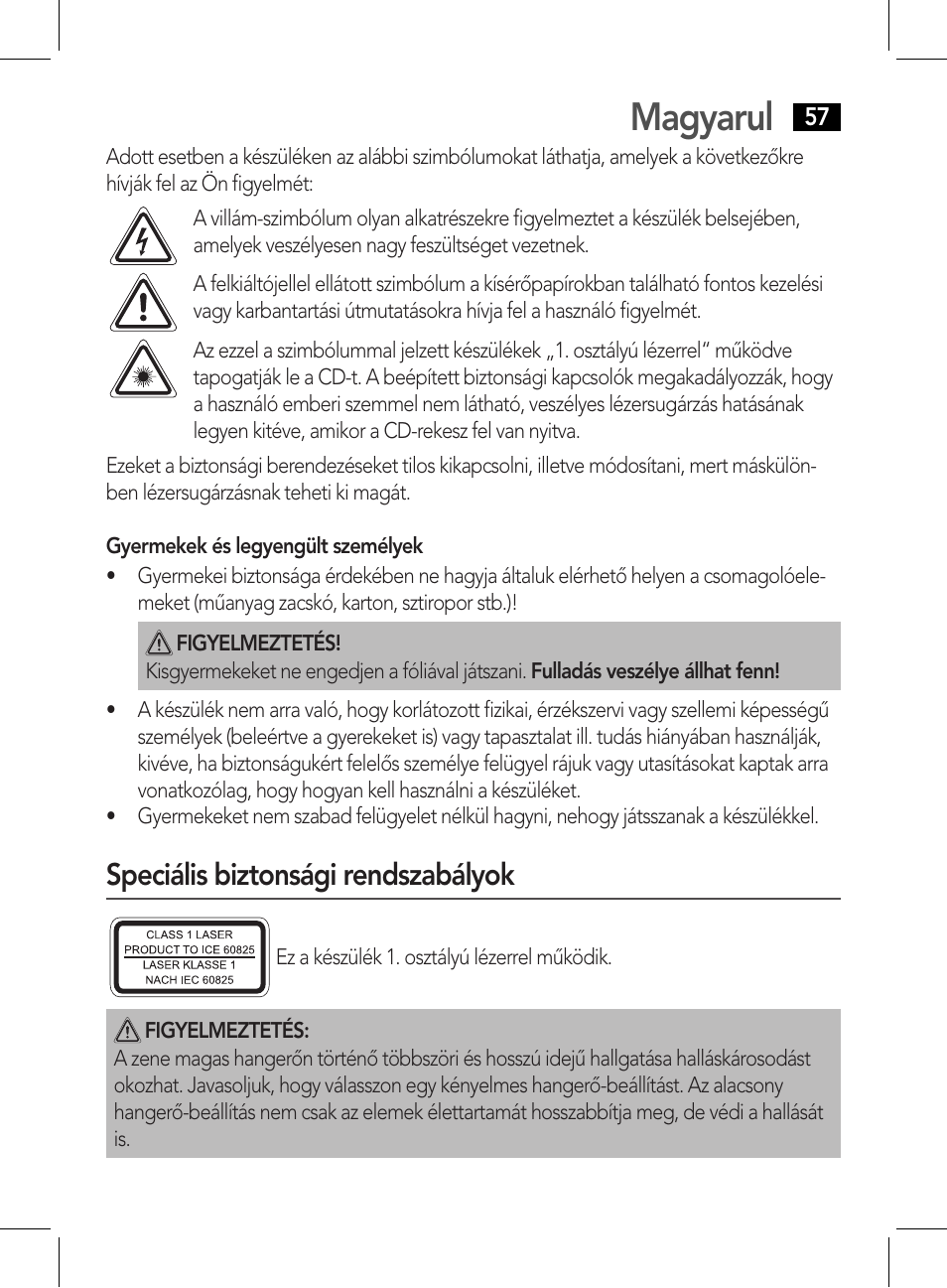 Magyarul, Speciális biztonsági rendszabályok | AEG CDP 4226 schwarz User Manual | Page 57 / 78