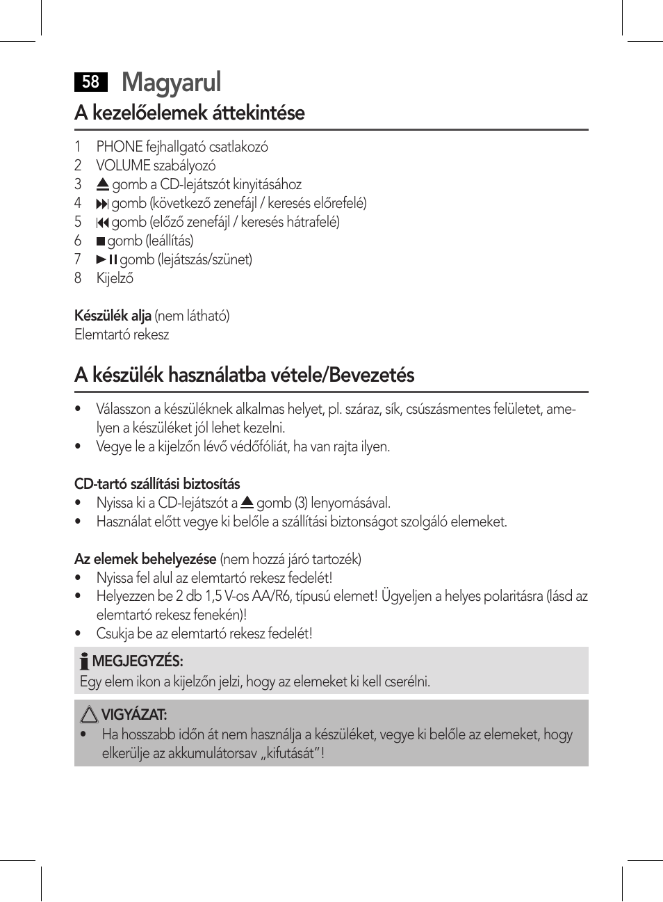 Magyarul, A kezelőelemek áttekintése, A készülék használatba vétele/bevezetés | AEG CDP 4226 schwarz User Manual | Page 58 / 78