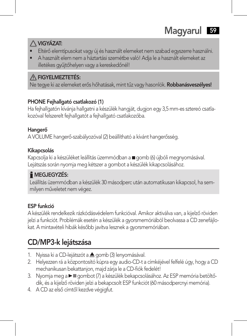 Magyarul, Cd/mp3-k lejátszása | AEG CDP 4226 schwarz User Manual | Page 59 / 78