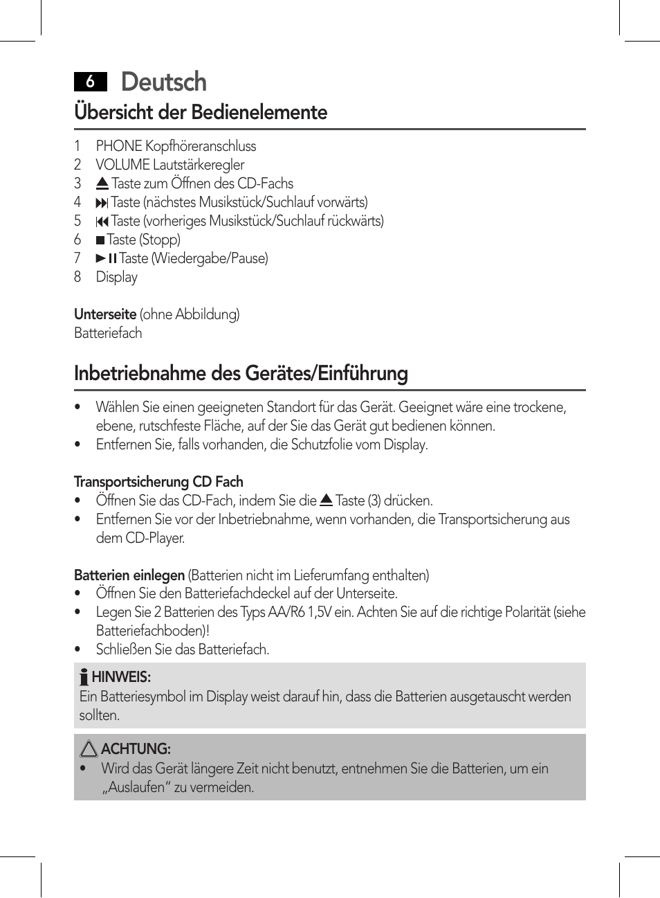 Deutsch, Übersicht der bedienelemente, Inbetriebnahme des gerätes/einführung | AEG CDP 4226 schwarz User Manual | Page 6 / 78