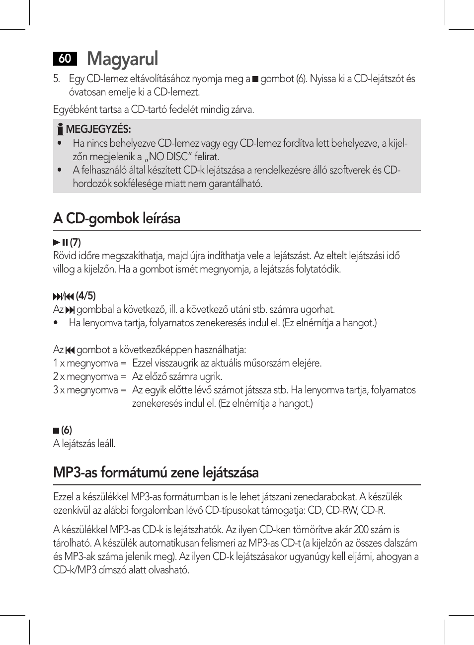 Magyarul, A cd-gombok leírása, Mp3-as formátumú zene lejátszása | AEG CDP 4226 schwarz User Manual | Page 60 / 78
