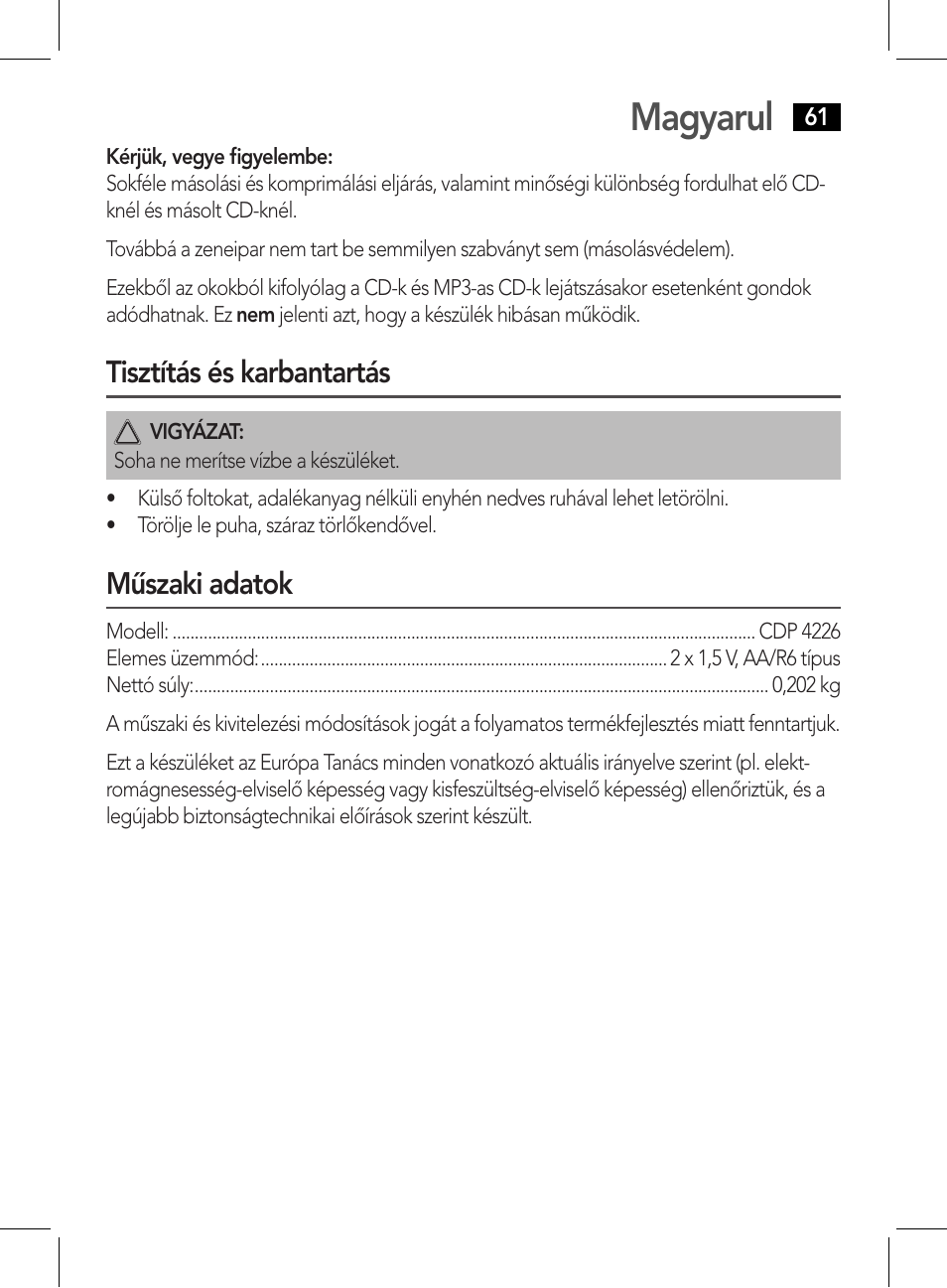 Magyarul, Tisztítás és karbantartás, Műszaki adatok | AEG CDP 4226 schwarz User Manual | Page 61 / 78
