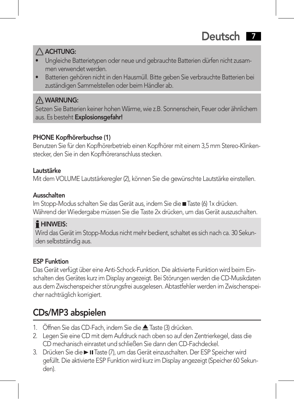 Deutsch, Cds/mp3 abspielen | AEG CDP 4226 schwarz User Manual | Page 7 / 78