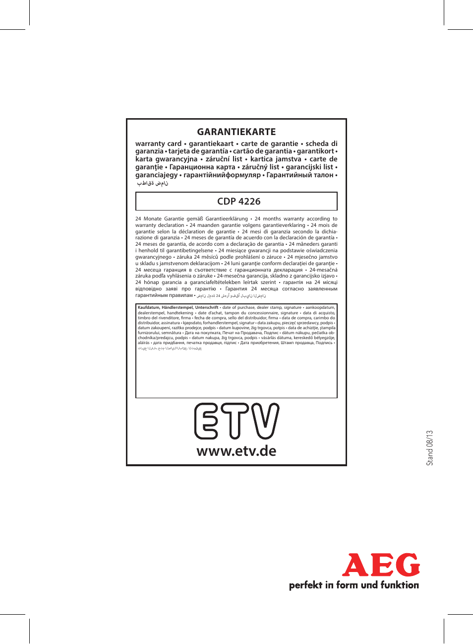Cdp 4226 garantiekarte, Stand 08/13 | AEG CDP 4226 schwarz User Manual | Page 78 / 78