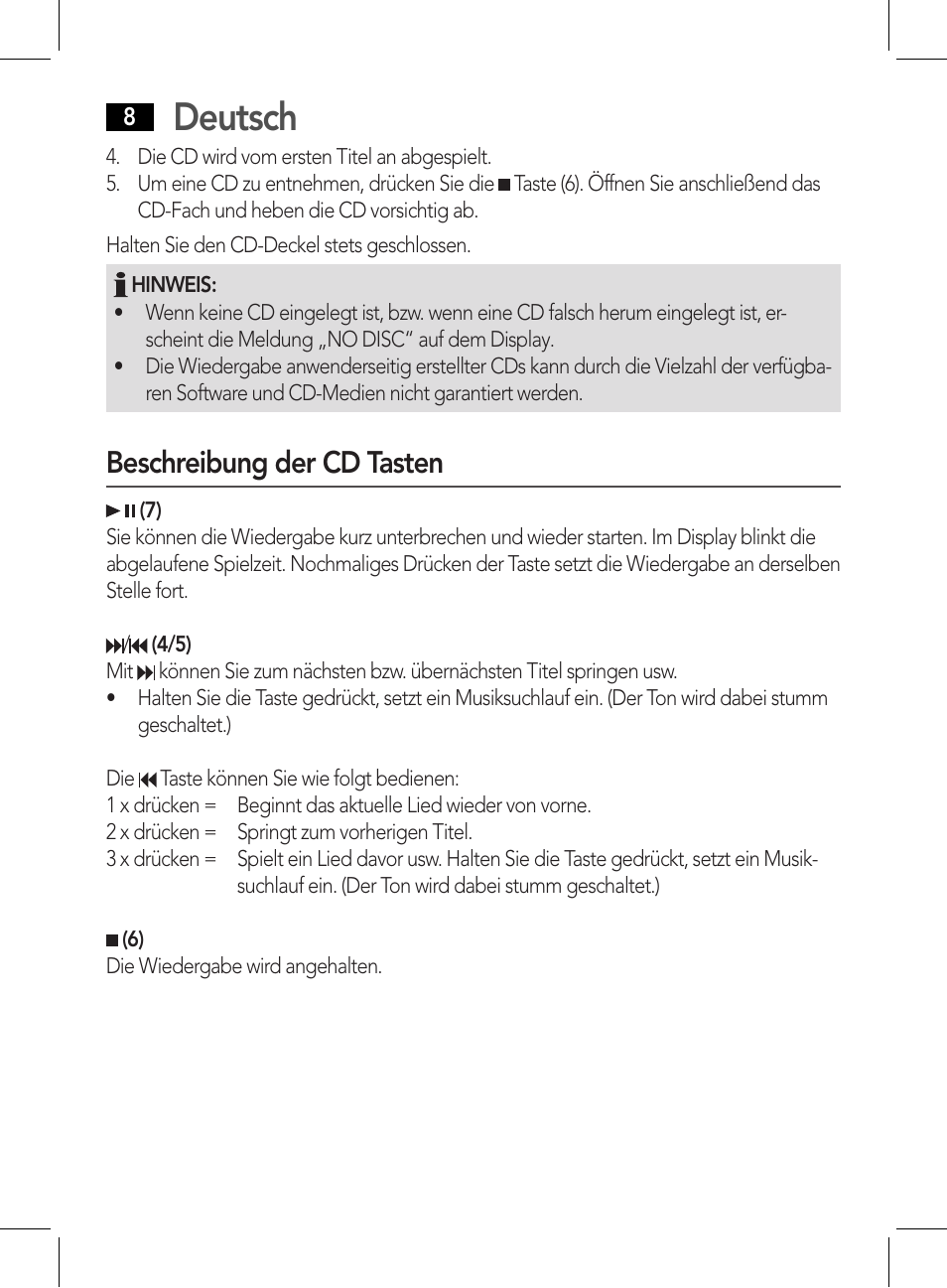 Deutsch, Beschreibung der cd tasten | AEG CDP 4226 schwarz User Manual | Page 8 / 78