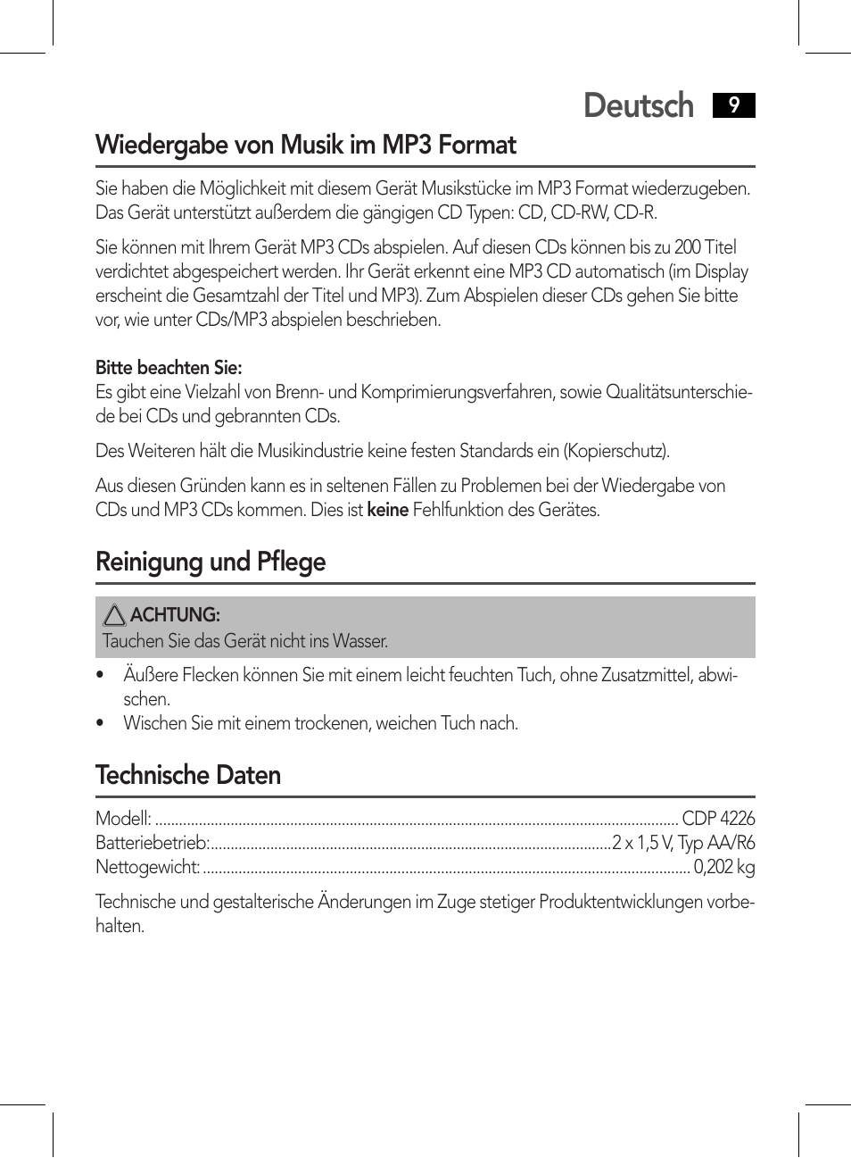 Deutsch, Wiedergabe von musik im mp3 format, Reinigung und pflege | Technische daten | AEG CDP 4226 schwarz User Manual | Page 9 / 78