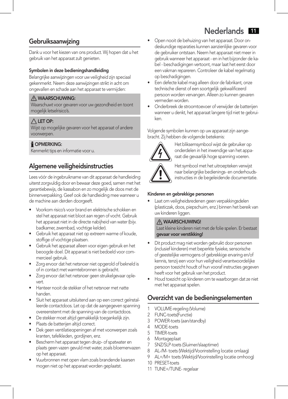Nederlands, Gebruiksaanwjzing, Algemene veiligheidsinstructies | Overzicht van de bedieningselementen | AEG KRC 4350 BT User Manual | Page 11 / 70