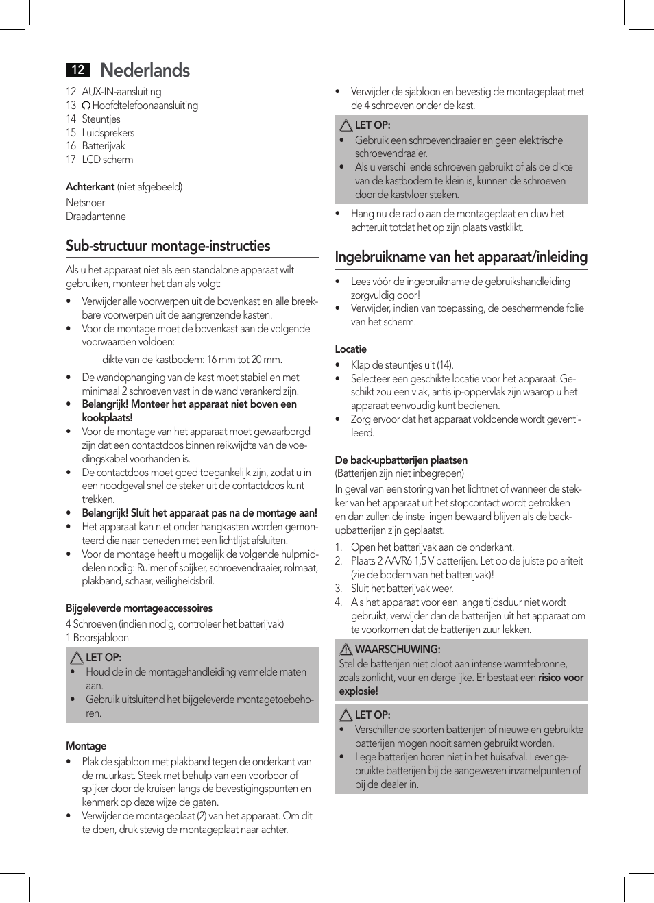 Nederlands, Sub-structuur montage-instructies, Ingebruikname van het apparaat/inleiding | AEG KRC 4350 BT User Manual | Page 12 / 70
