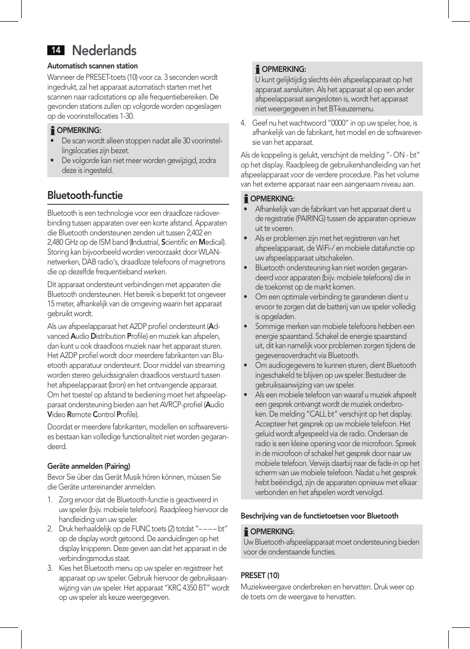 Nederlands, Bluetooth-functie | AEG KRC 4350 BT User Manual | Page 14 / 70