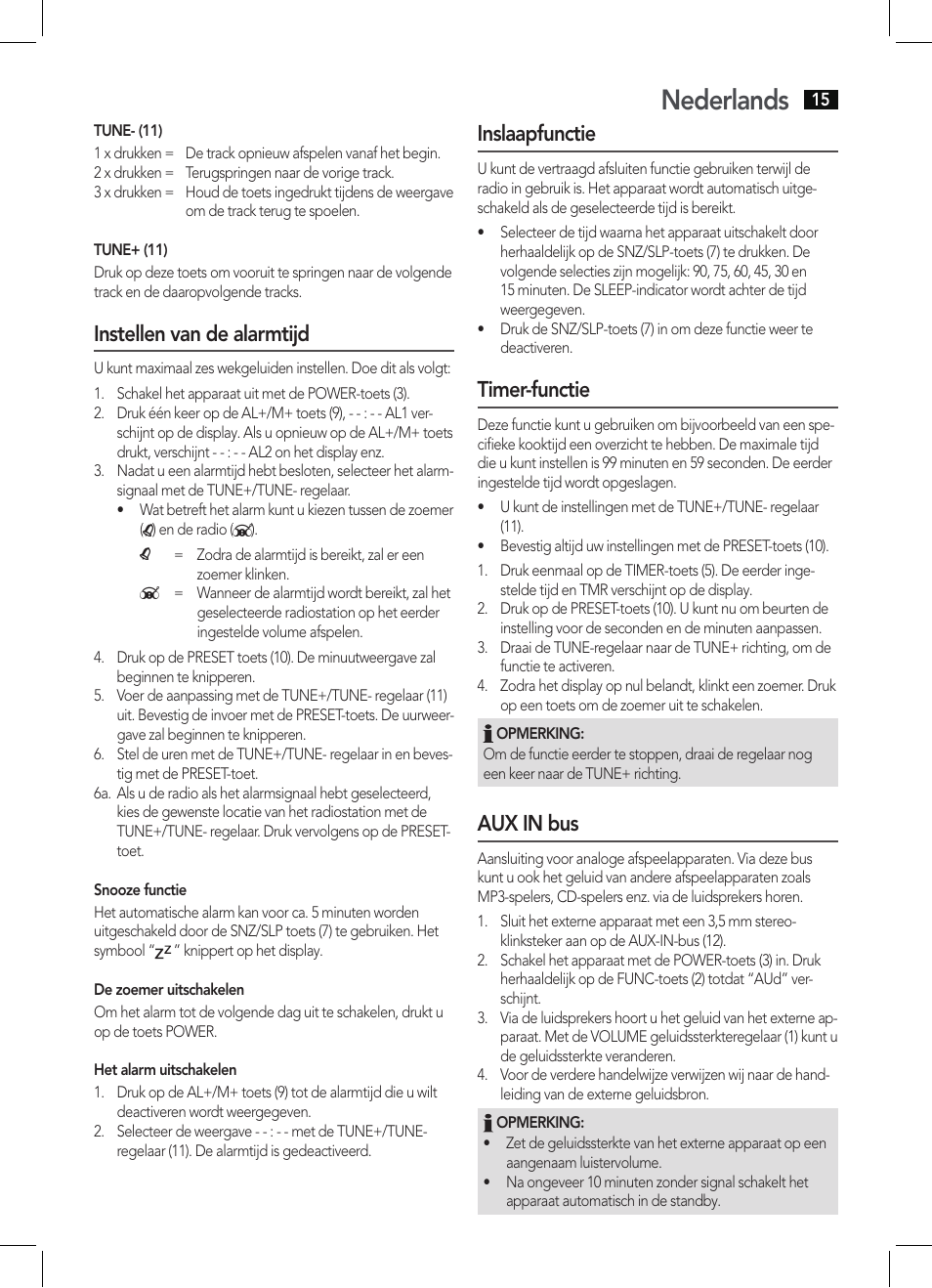 Nederlands, Instellen van de alarmtijd, Inslaapfunctie | Timer-functie, Aux in bus | AEG KRC 4350 BT User Manual | Page 15 / 70