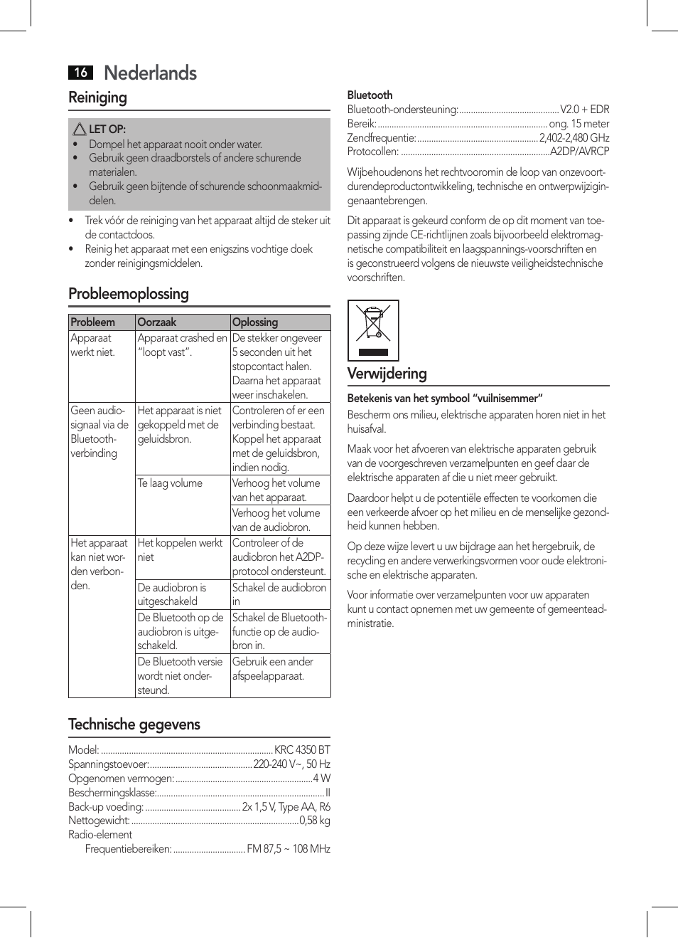 Nederlands, Reiniging, Probleemoplossing | Technische gegevens, Verwijdering | AEG KRC 4350 BT User Manual | Page 16 / 70