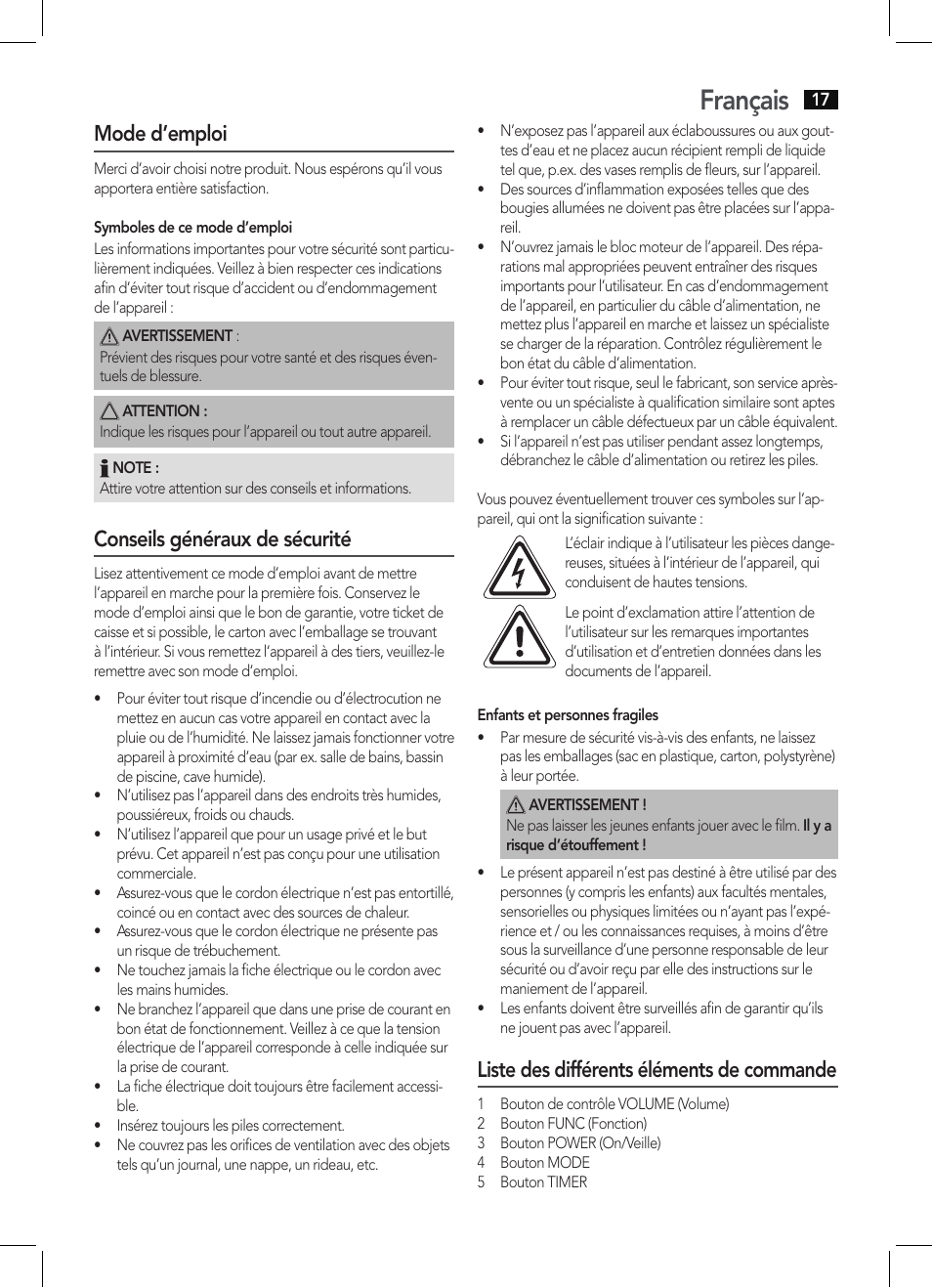 Français, Mode d’emploi, Conseils généraux de sécurité | Liste des différents éléments de commande | AEG KRC 4350 BT User Manual | Page 17 / 70