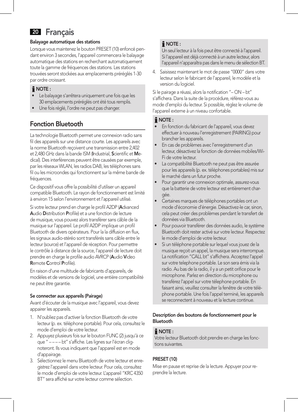 Français, Fonction bluetooth | AEG KRC 4350 BT User Manual | Page 20 / 70