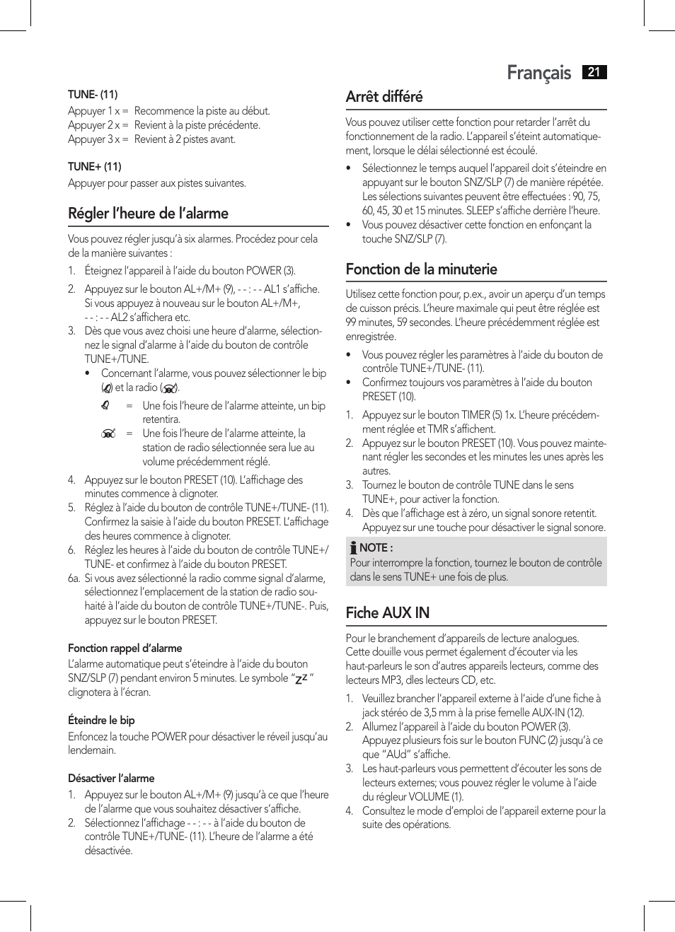 Français, Régler l’heure de l’alarme, Arrêt différé | Fonction de la minuterie, Fiche aux in | AEG KRC 4350 BT User Manual | Page 21 / 70