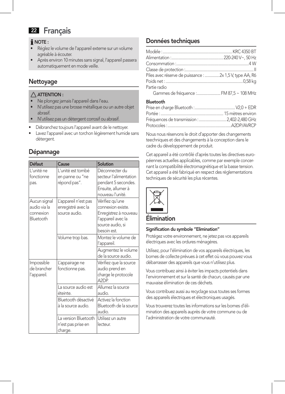 Français, Nettoyage, Dépannage | Données techniques, Élimination | AEG KRC 4350 BT User Manual | Page 22 / 70