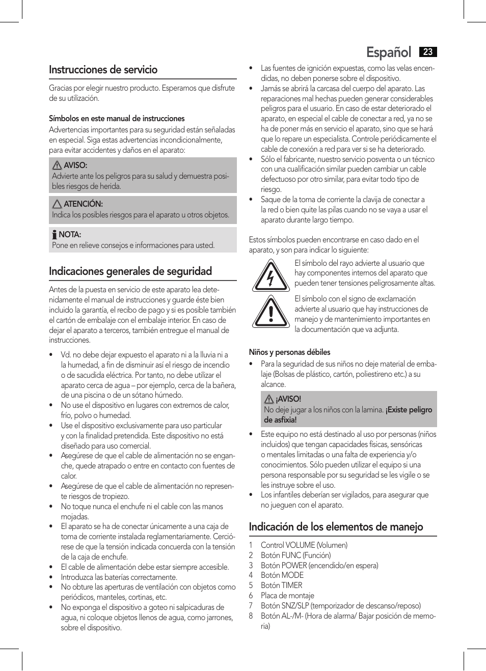 Español, Instrucciones de servicio, Indicaciones generales de seguridad | Indicación de los elementos de manejo | AEG KRC 4350 BT User Manual | Page 23 / 70