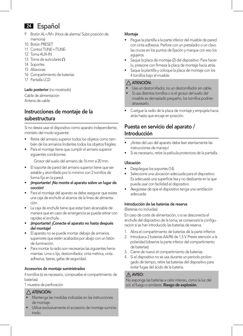 Español, Instrucciones de montaje de la subestructura, Puesta en servicio del aparato / introducción | AEG KRC 4350 BT User Manual | Page 24 / 70