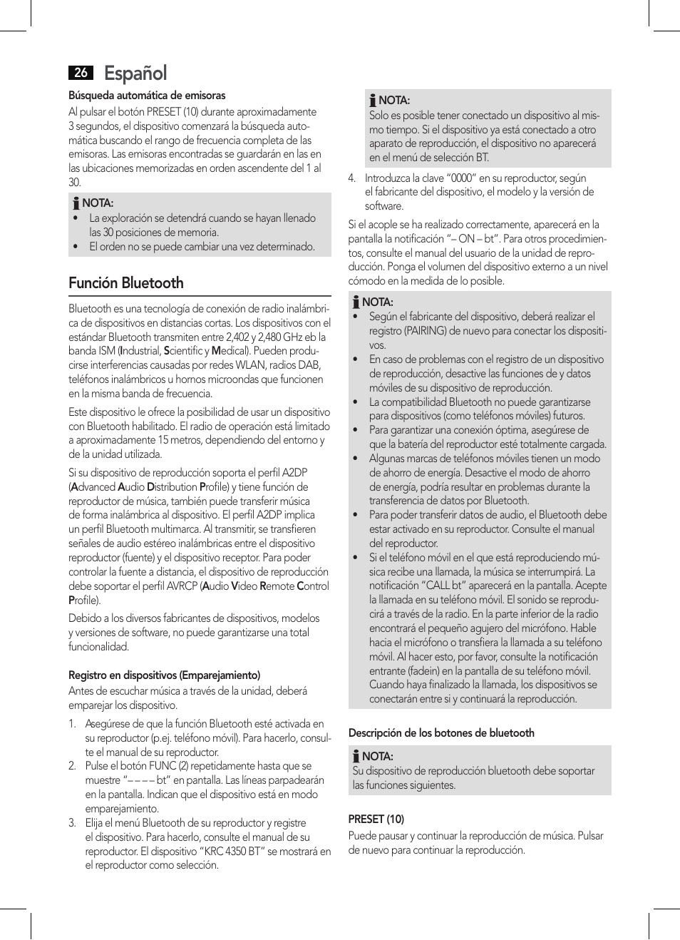 Español, Función bluetooth | AEG KRC 4350 BT User Manual | Page 26 / 70