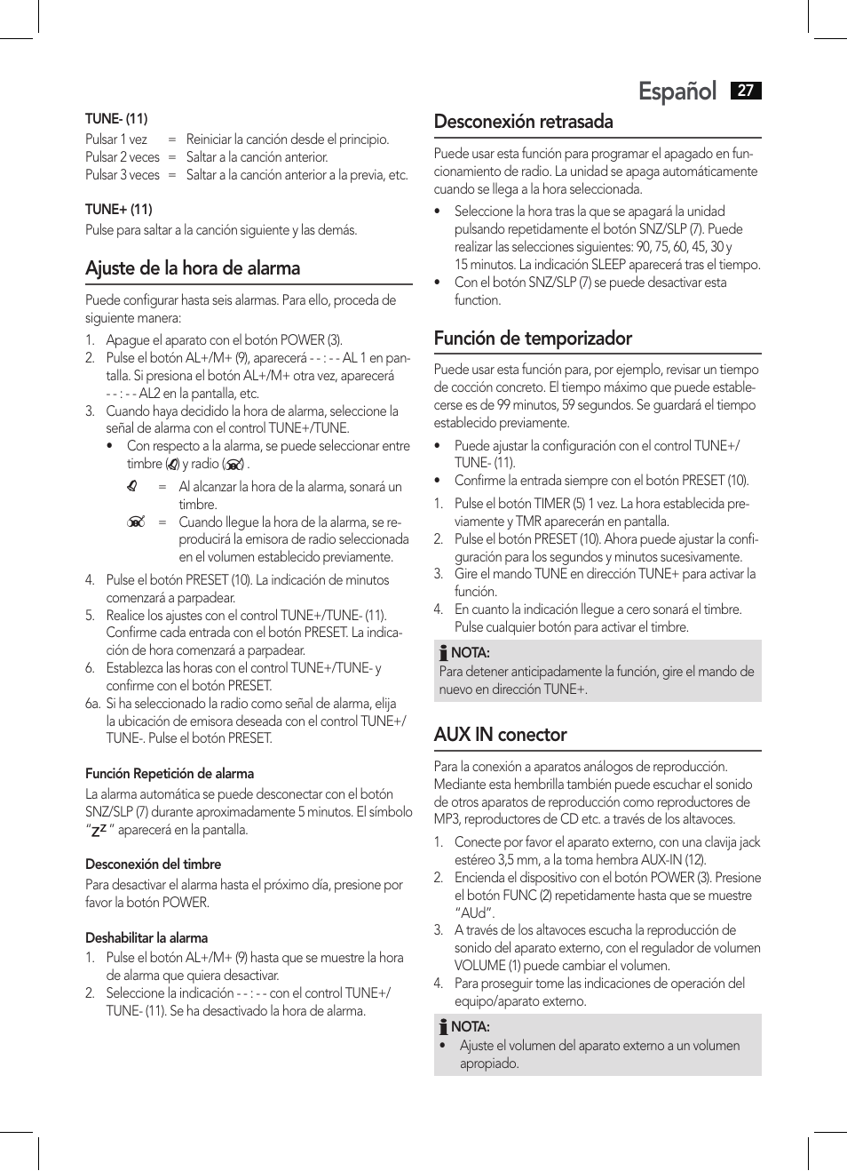 Español, Ajuste de la hora de alarma, Desconexión retrasada | Función de temporizador, Aux in conector | AEG KRC 4350 BT User Manual | Page 27 / 70