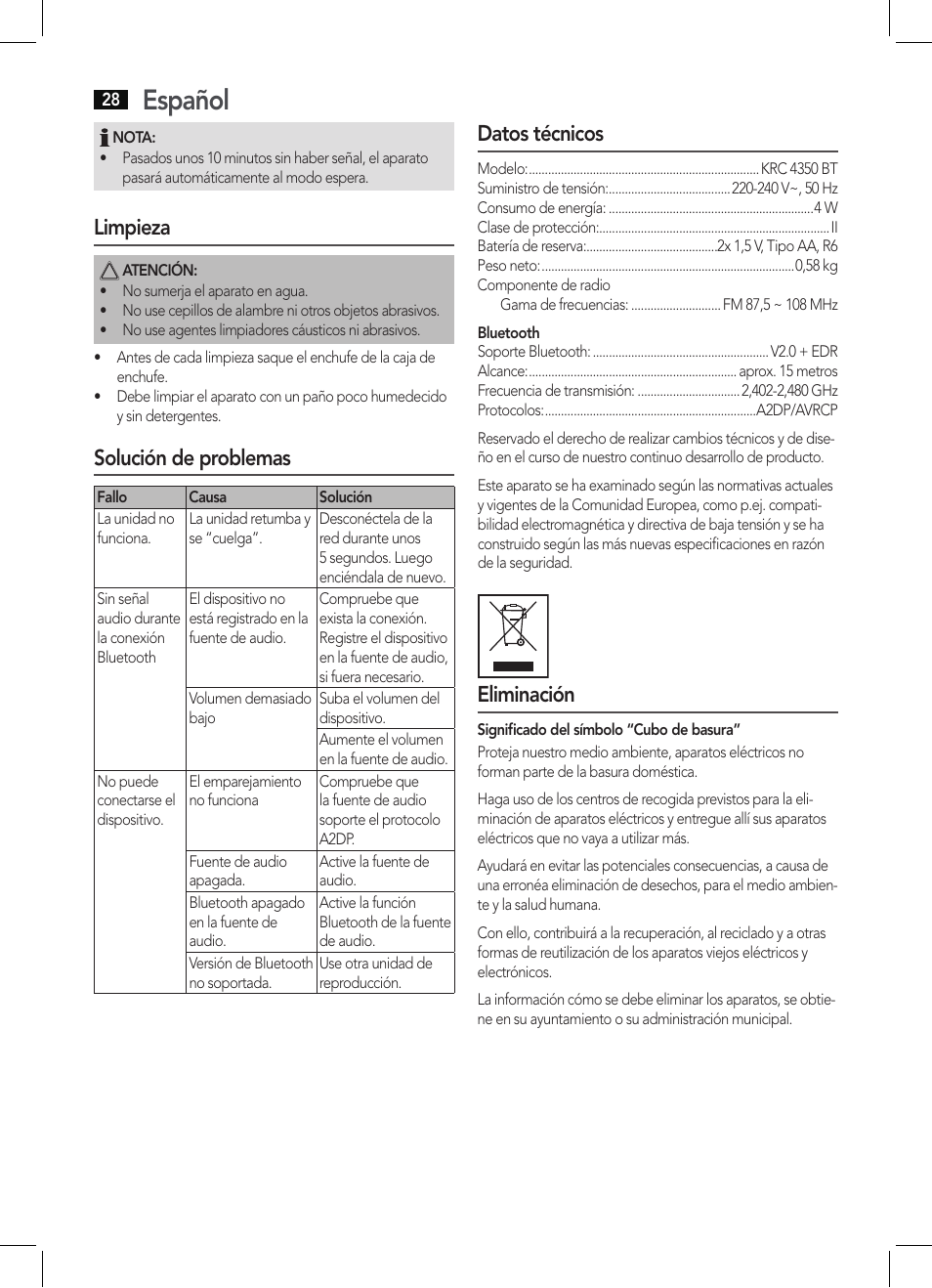 Español, Limpieza, Solución de problemas | Datos técnicos, Eliminación | AEG KRC 4350 BT User Manual | Page 28 / 70