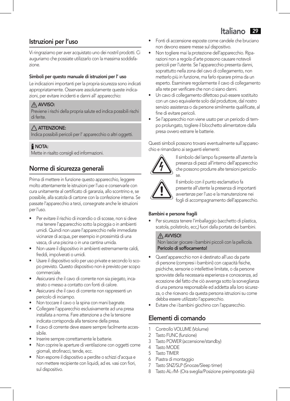 Italiano, Istruzioni per l’uso, Norme di sicurezza generali | Elementi di comando | AEG KRC 4350 BT User Manual | Page 29 / 70