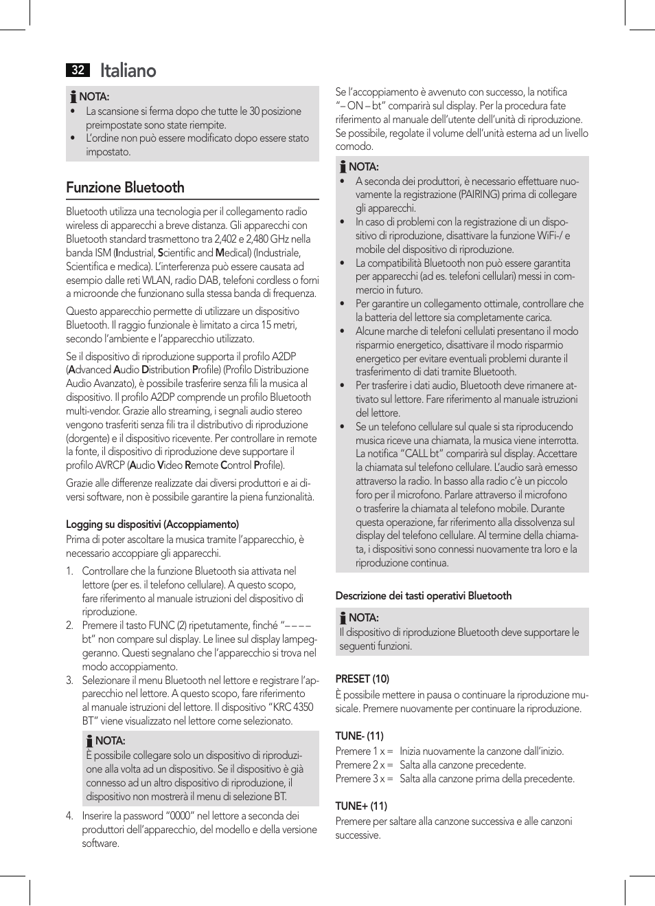 Italiano, Funzione bluetooth | AEG KRC 4350 BT User Manual | Page 32 / 70