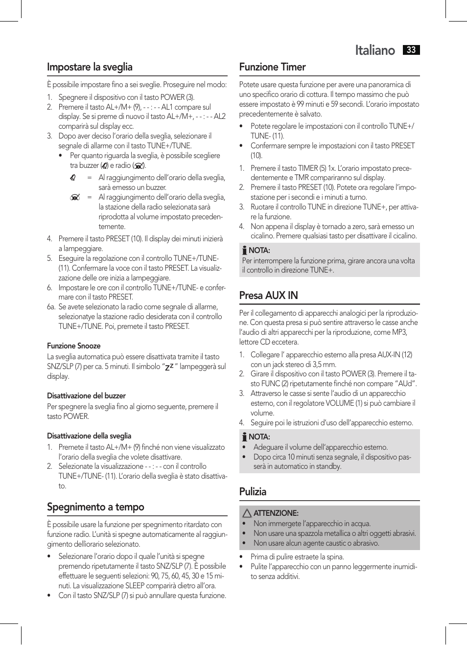 Italiano, Impostare la sveglia, Spegnimento a tempo | Funzione timer, Presa aux in, Pulizia | AEG KRC 4350 BT User Manual | Page 33 / 70