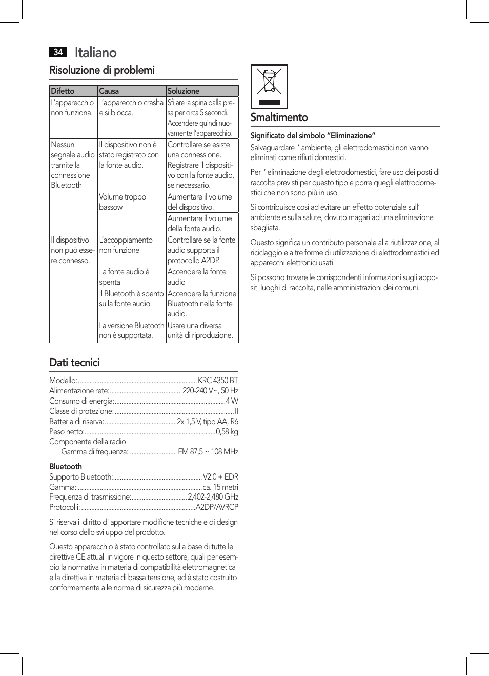 Italiano, Risoluzione di problemi, Dati tecnici | Smaltimento | AEG KRC 4350 BT User Manual | Page 34 / 70