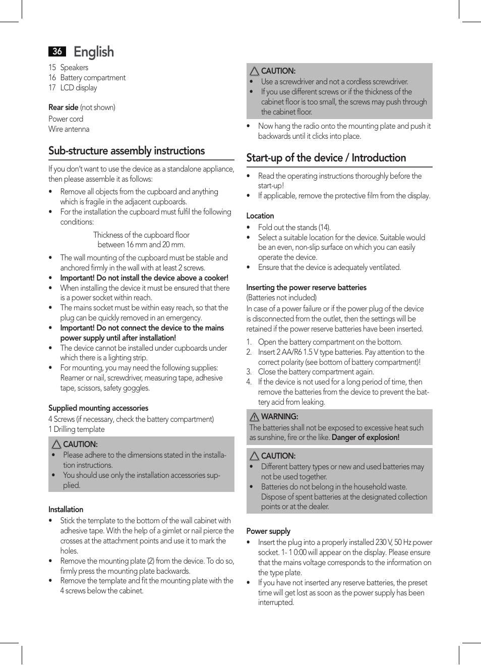 English, Sub-structure assembly instructions, Start-up of the device / introduction | AEG KRC 4350 BT User Manual | Page 36 / 70