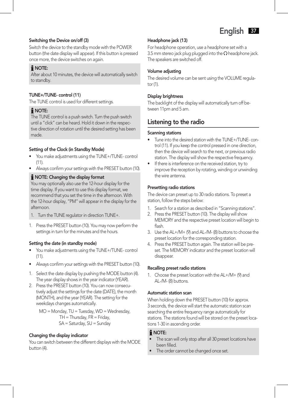 English, Listening to the radio | AEG KRC 4350 BT User Manual | Page 37 / 70