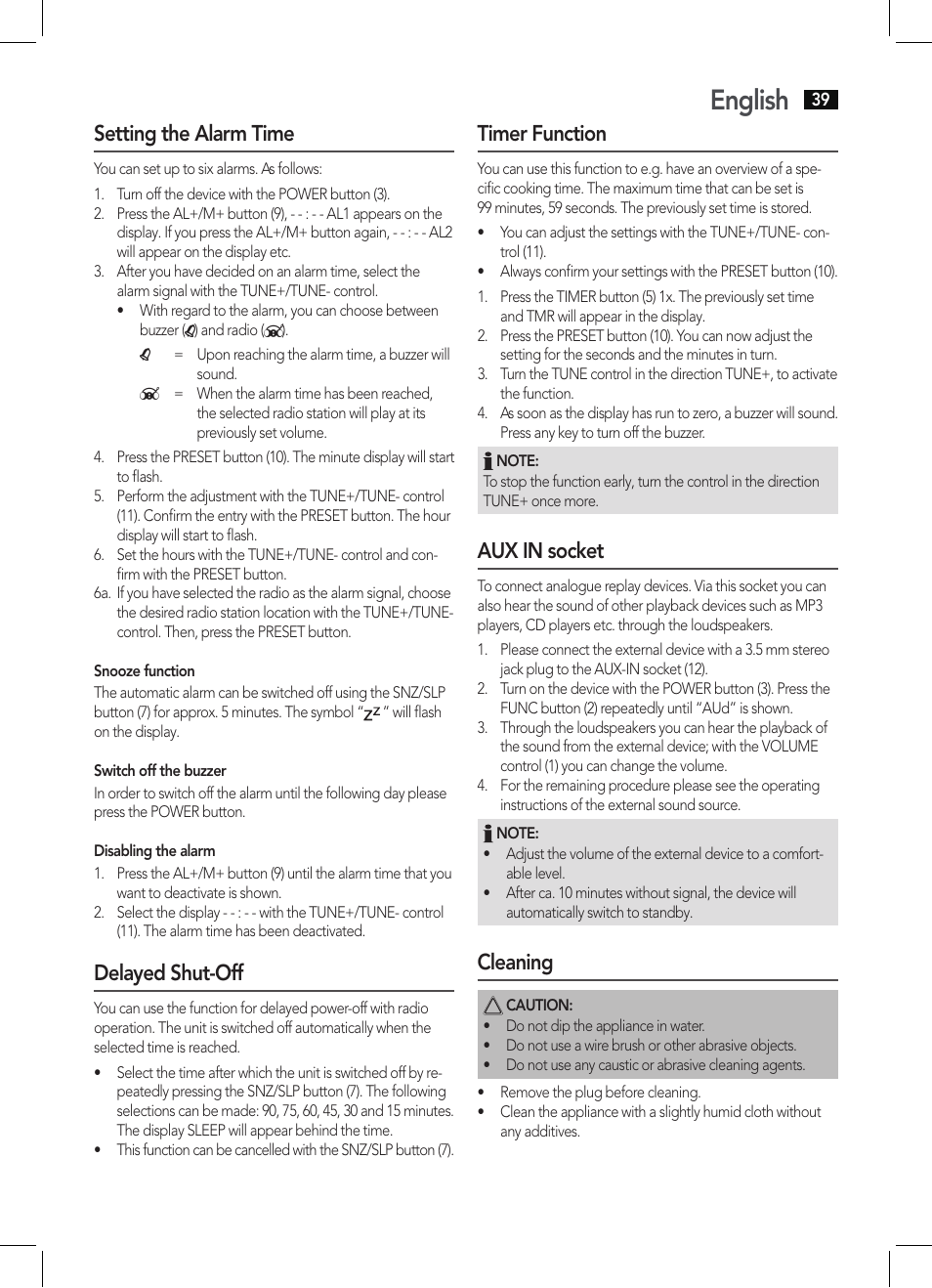 English, Setting the alarm time, Delayed shut-off | Timer function, Aux in socket, Cleaning | AEG KRC 4350 BT User Manual | Page 39 / 70