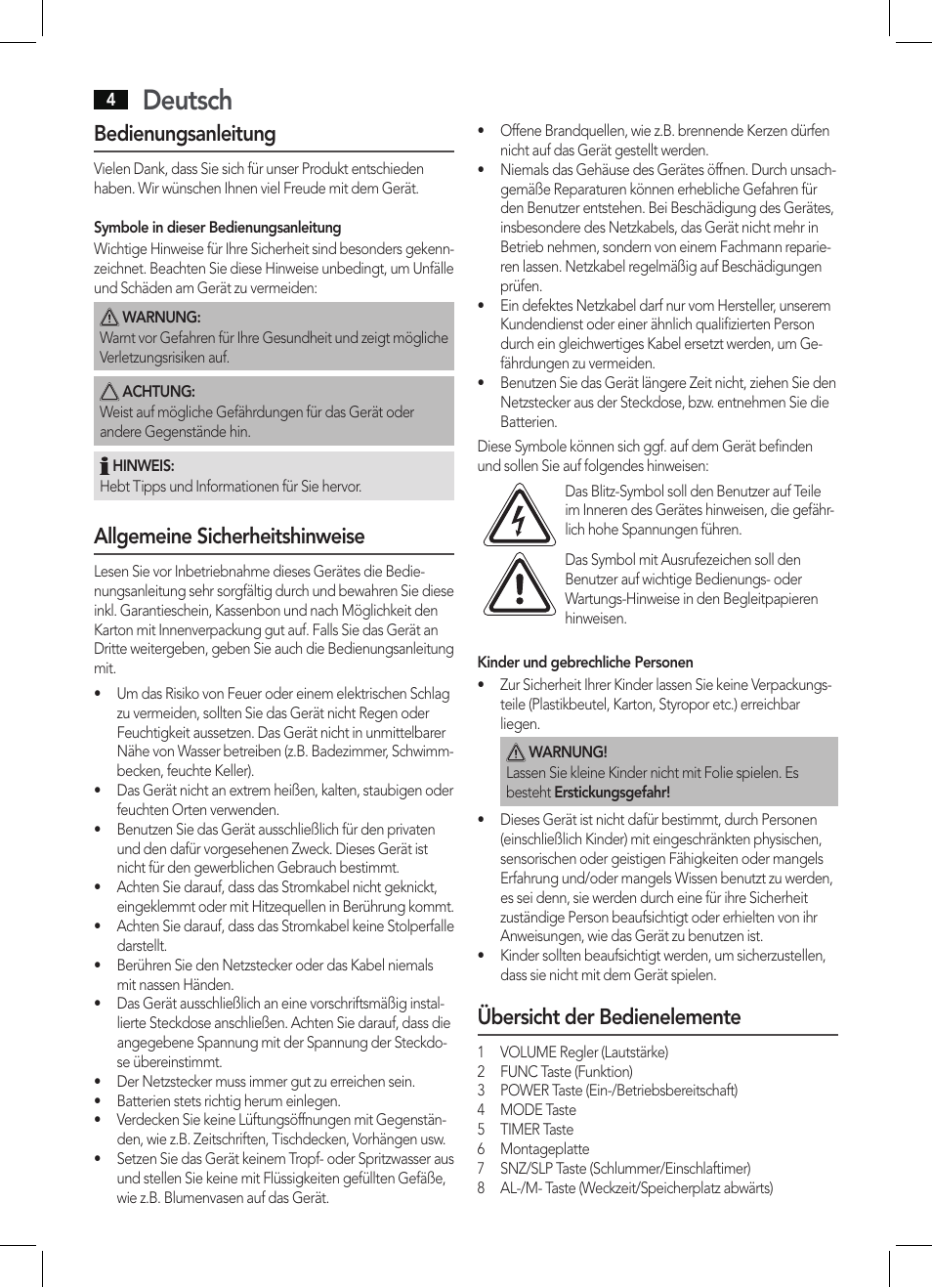 Deutsch, Bedienungsanleitung, Allgemeine sicherheitshinweise | Übersicht der bedienelemente | AEG KRC 4350 BT User Manual | Page 4 / 70