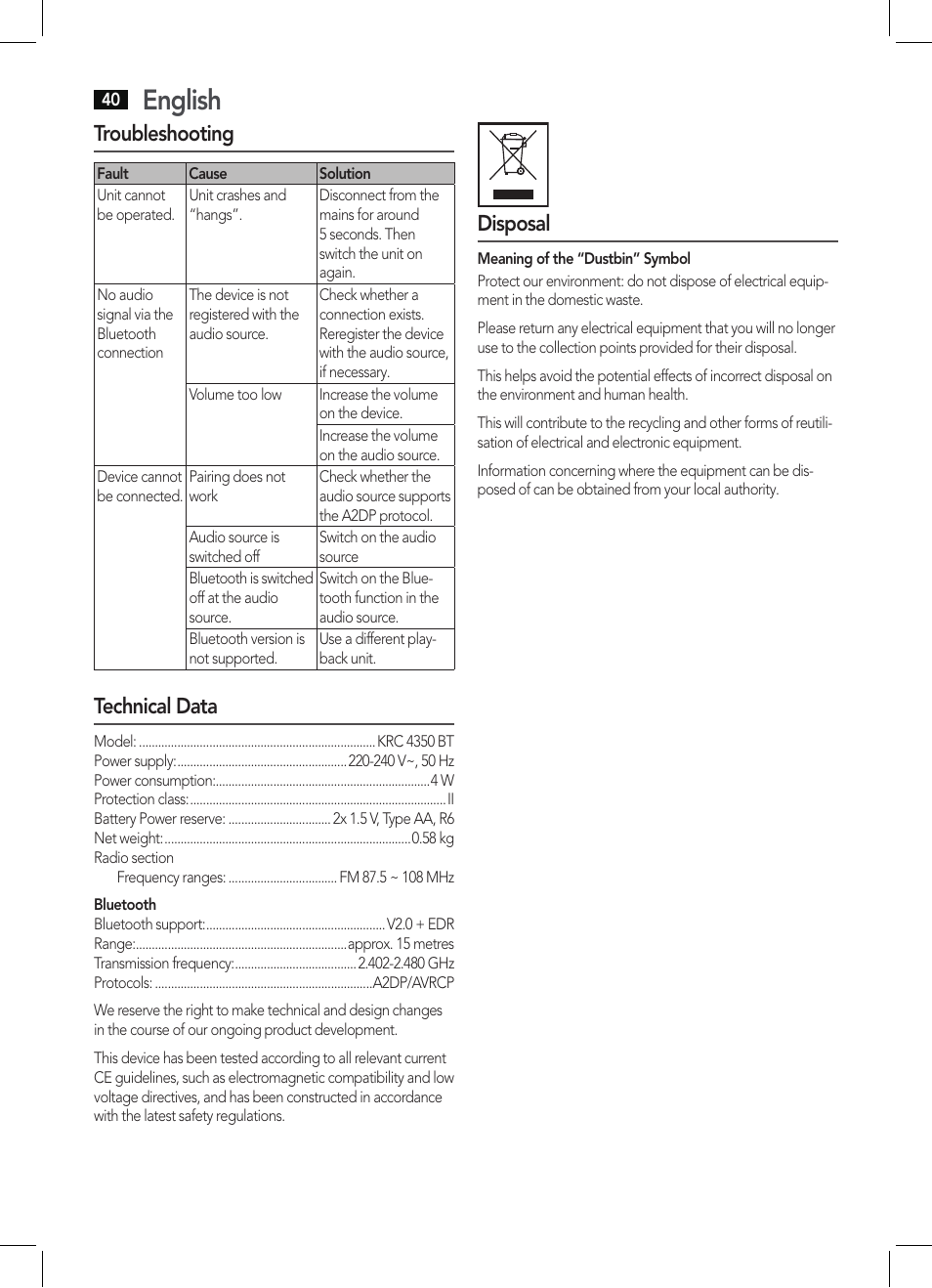 English, Troubleshooting, Technical data | Disposal | AEG KRC 4350 BT User Manual | Page 40 / 70