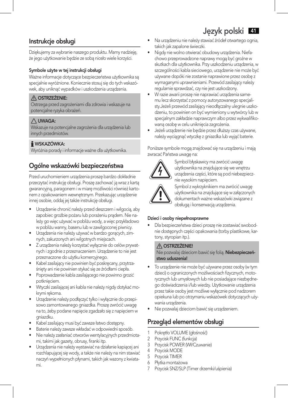 Język polski, Instrukcje obsługi, Ogólne wskazówki bezpieczeństwa | Przegląd elementów obsługi | AEG KRC 4350 BT User Manual | Page 41 / 70