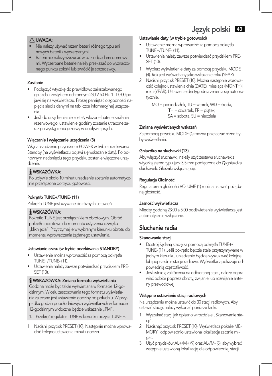 Język polski, Słuchanie radia | AEG KRC 4350 BT User Manual | Page 43 / 70