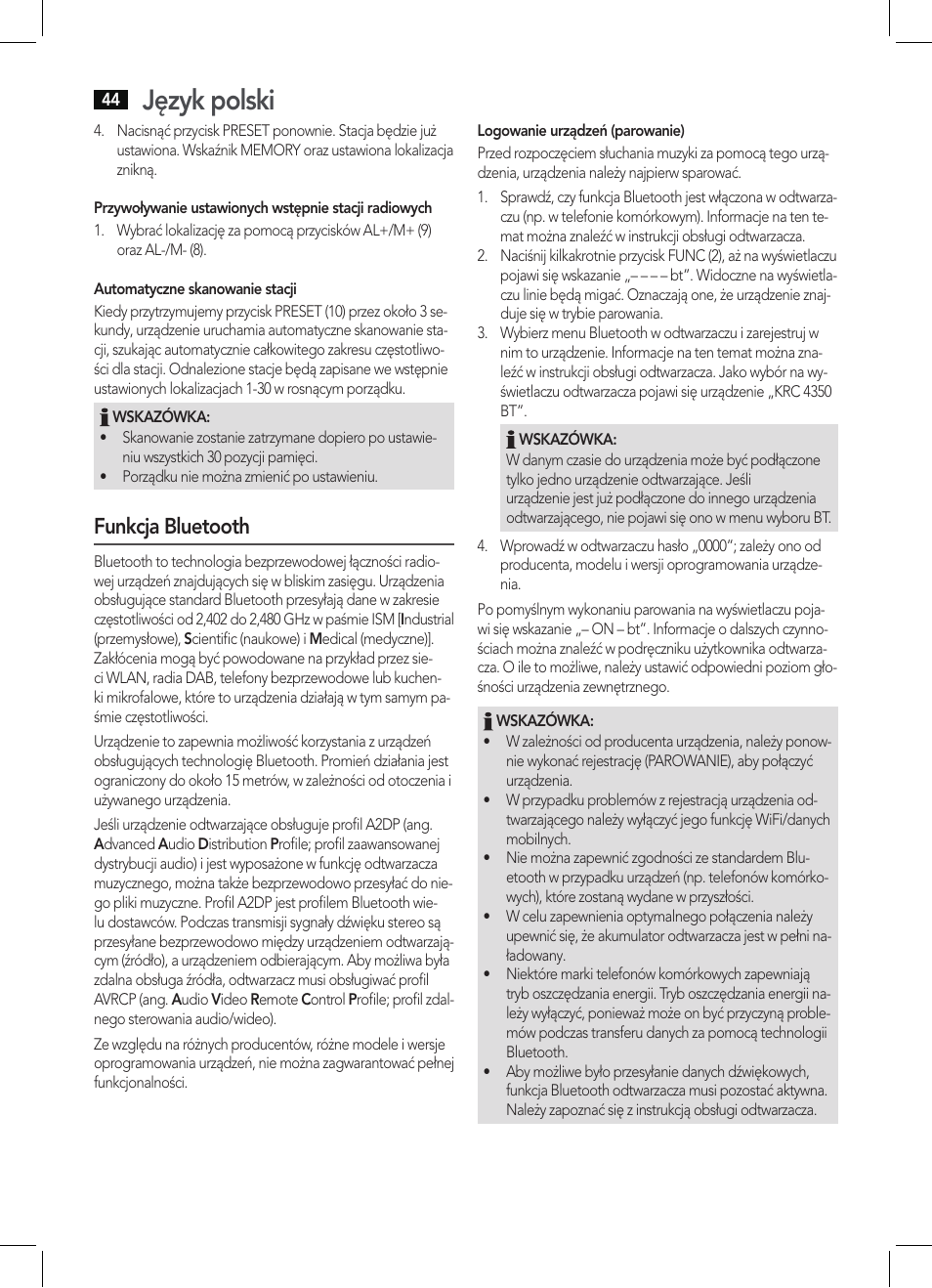 Język polski, Funkcja bluetooth | AEG KRC 4350 BT User Manual | Page 44 / 70