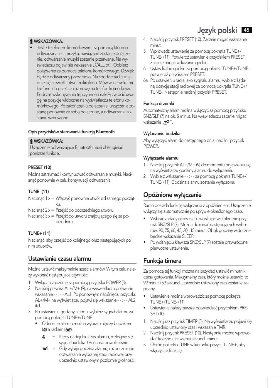 Język polski, Ustawianie czasu alarmu, Opóźnione wyłączanie | Funkcja timera | AEG KRC 4350 BT User Manual | Page 45 / 70