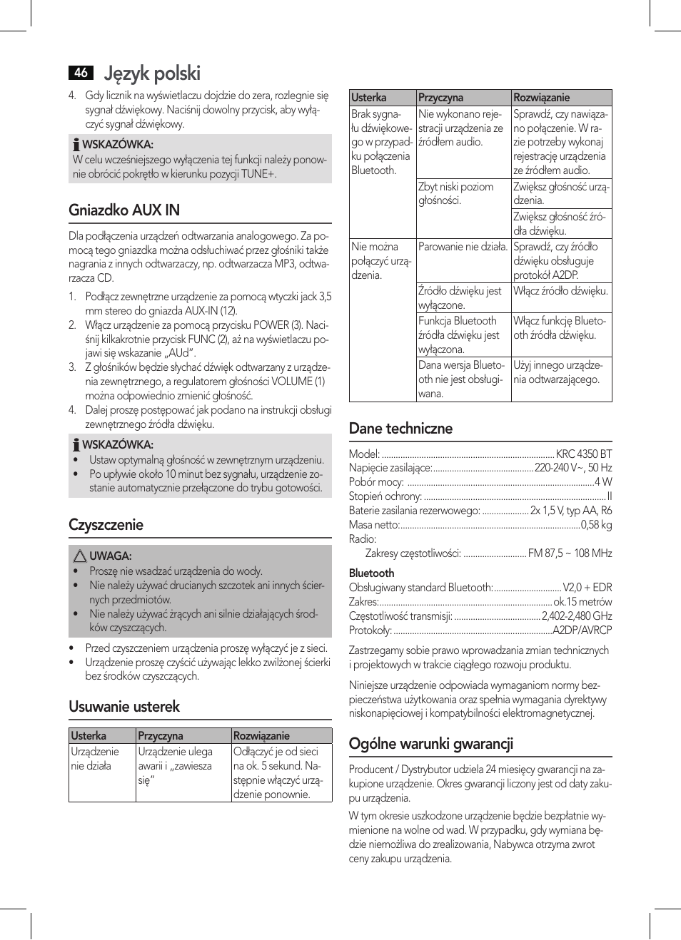 Język polski, Gniazdko aux in, Czyszczenie | Usuwanie usterek, Dane techniczne, Ogólne warunki gwarancji | AEG KRC 4350 BT User Manual | Page 46 / 70