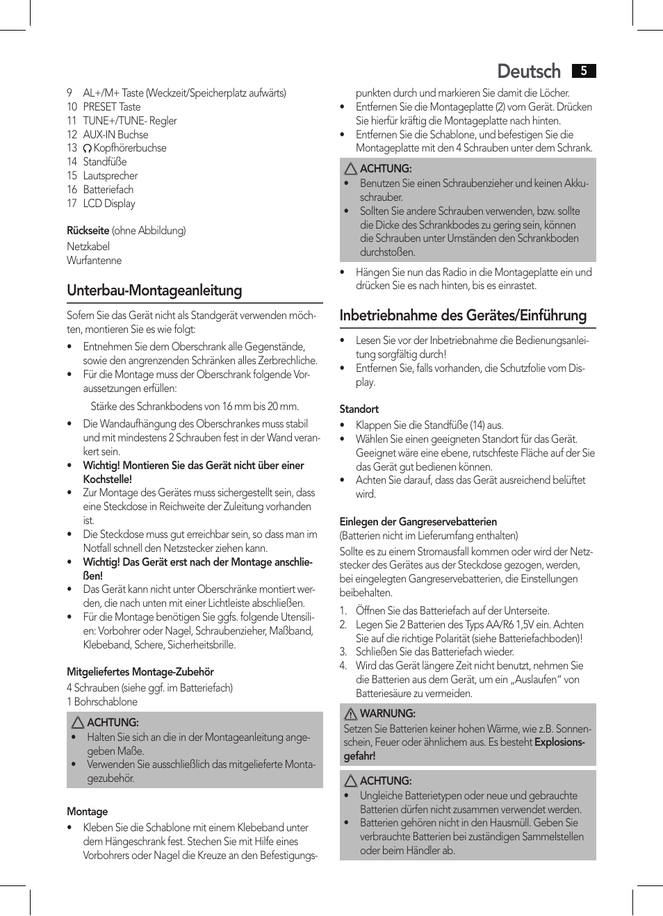 Deutsch, Unterbau-montageanleitung, Inbetriebnahme des gerätes/einführung | AEG KRC 4350 BT User Manual | Page 5 / 70