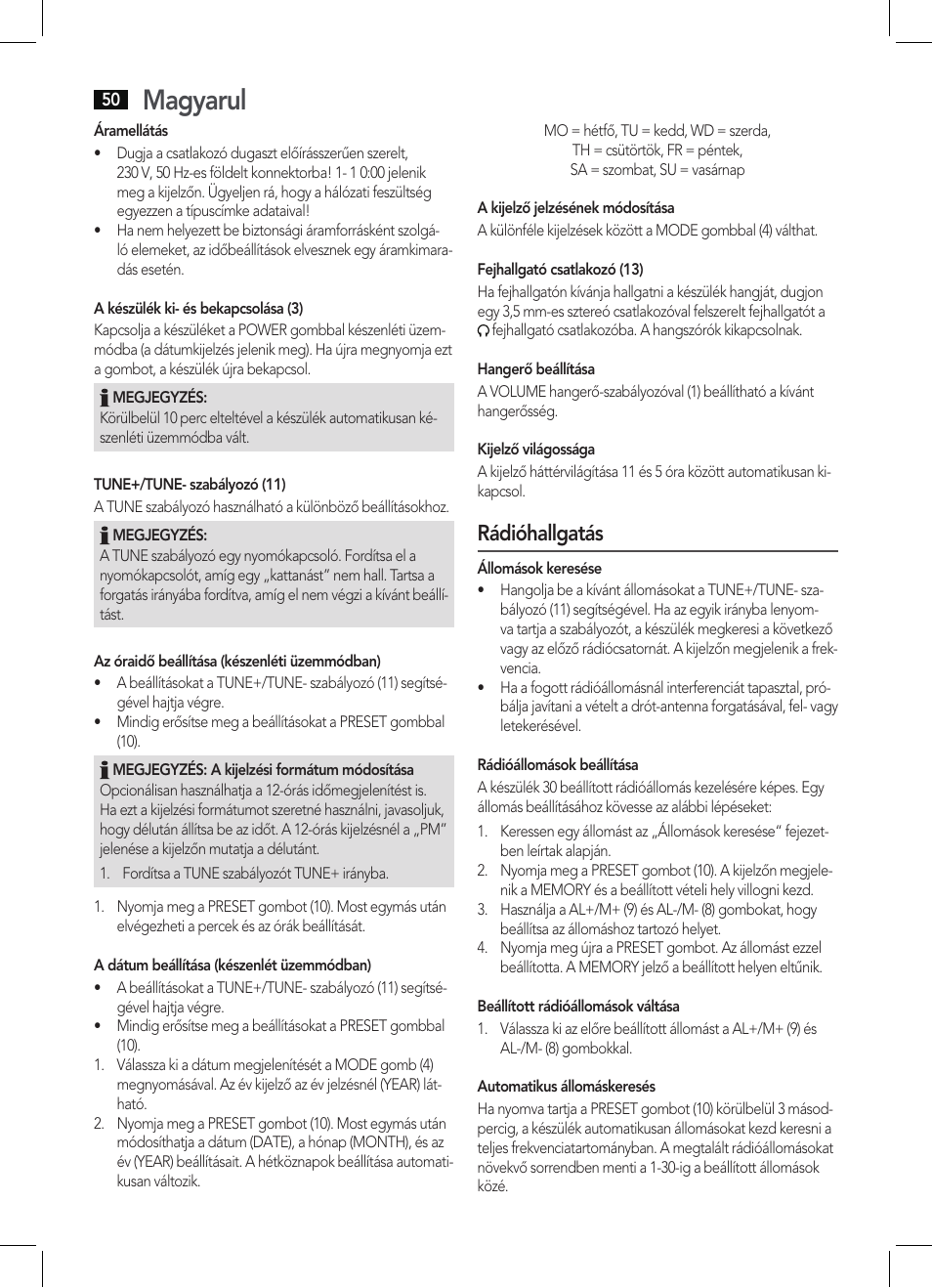 Magyarul, Rádióhallgatás | AEG KRC 4350 BT User Manual | Page 50 / 70